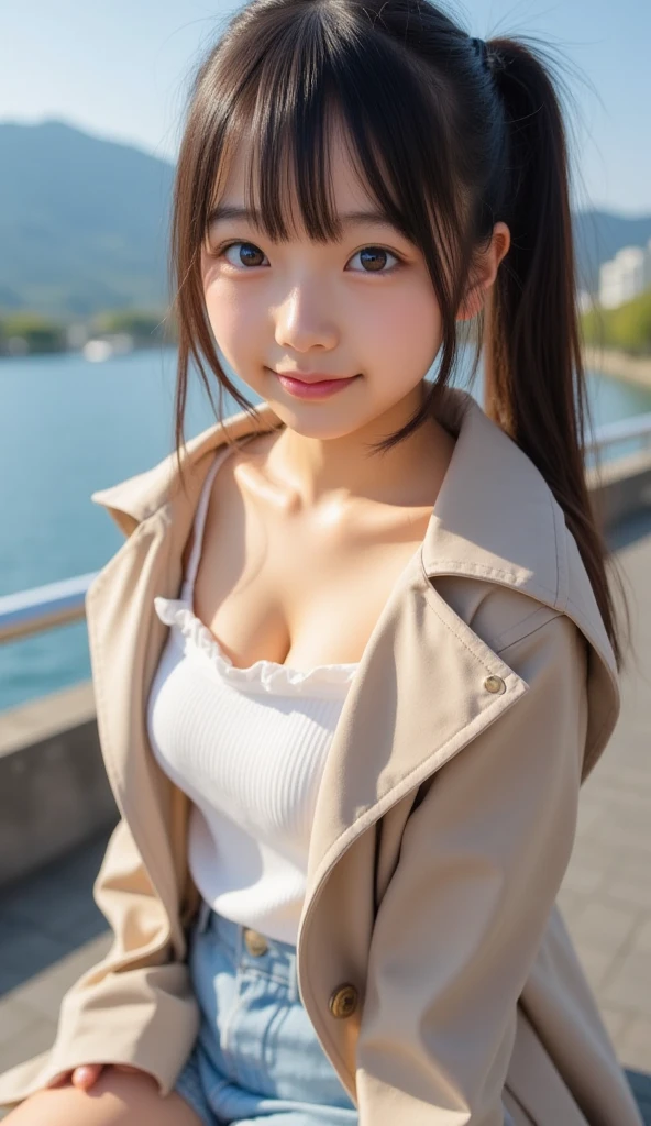 photo realistic,masterpiece, best quality, 8k, highres, ultra-detailed,HDR, UHD, studio lighting, ultra-fine painting, 1girl,solo,   long brown hair,   kind smile,  Mountain parka,very detailed Houndstooth pattern, black , beach cafe Background,soft ocean waves spreading in the distance , Relaxed and cheerful atmosphere  ,  Warm Soft Lights 