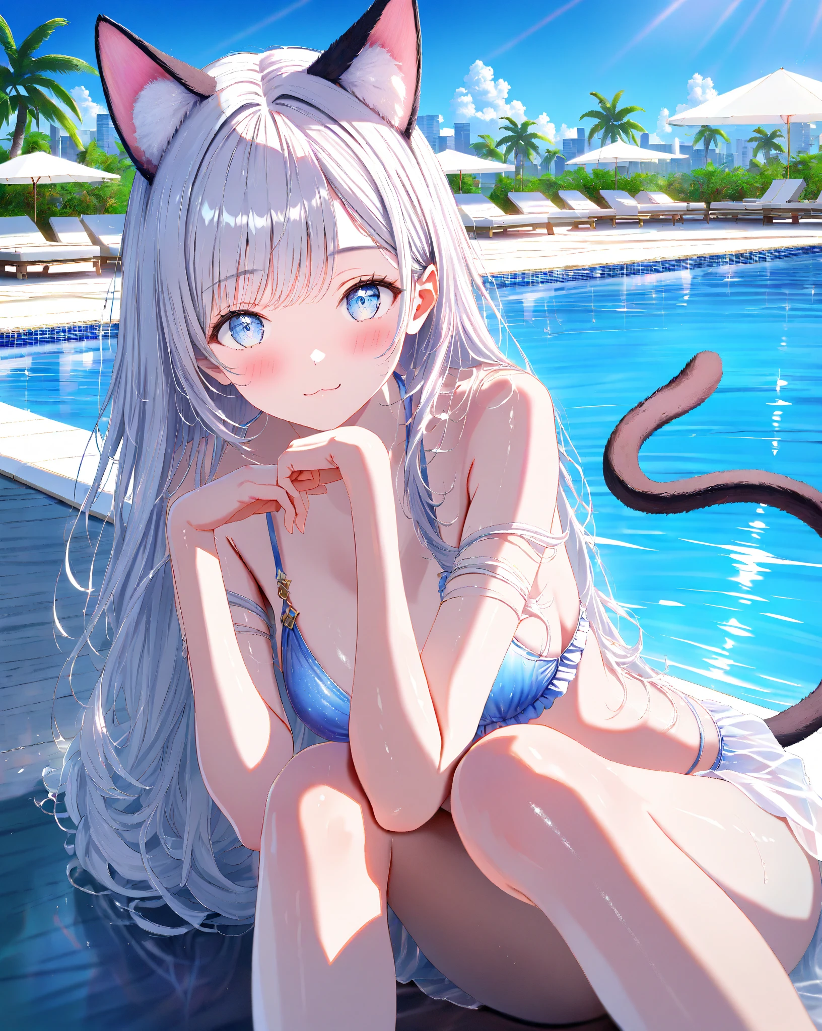 (masterpiece, highest quality:1.2), High resolution, Intricate details, Super detailed, (Highly detailed CG, unity 8k wallpaper), Clear image, (Cat ears:1.5), (Cow pattern bikini:1.3), (squatting in the sea:1.2), (ARMY Equipment:1.2), (Sunshine:1.2),
Blushed face, (From below),
A stunning resort scene by the blue sea, The scene is bathed in sunlight, highlighting the crystal-clear water and sandy beaches,
