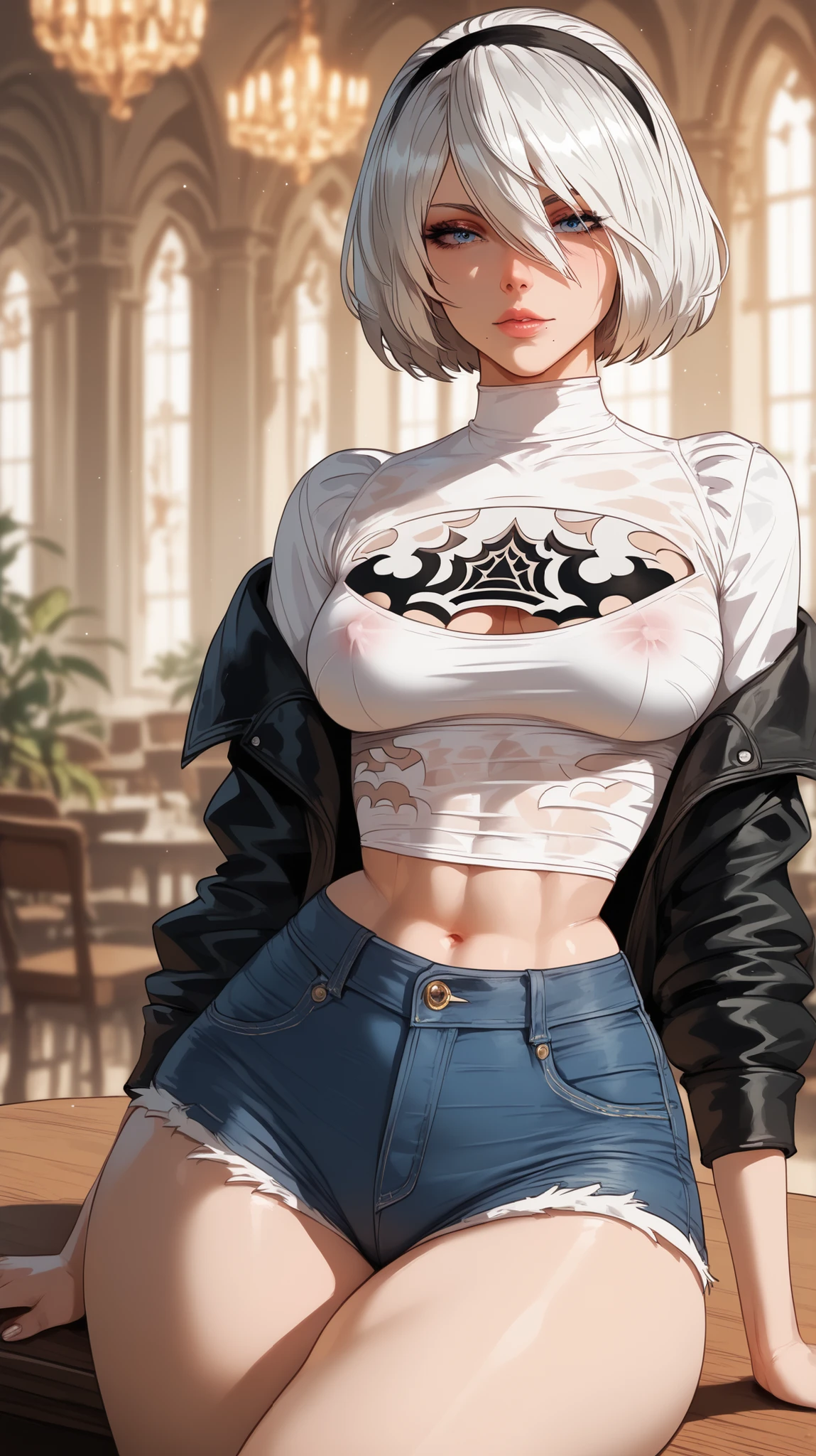 alone, Pale skin, Oily skin, Makes skin glow, pretty girl, wide thighs, Tight waist, Big Breasts, Shorts, Unbuttoned jacket, (Underbust), Astral Graffiti, Graffiti wall, sneakers , Random Position、Artificial Human Room No. 18