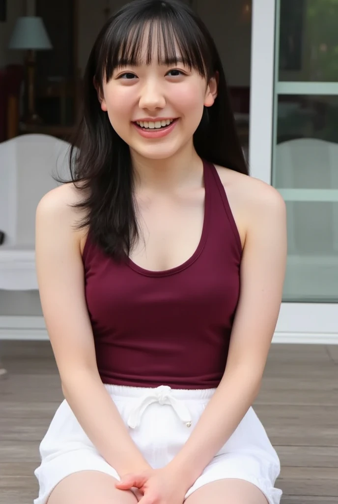 upper body, flat chest, (arms behind back:1.1), make up, sport-bra, , smile, long hair