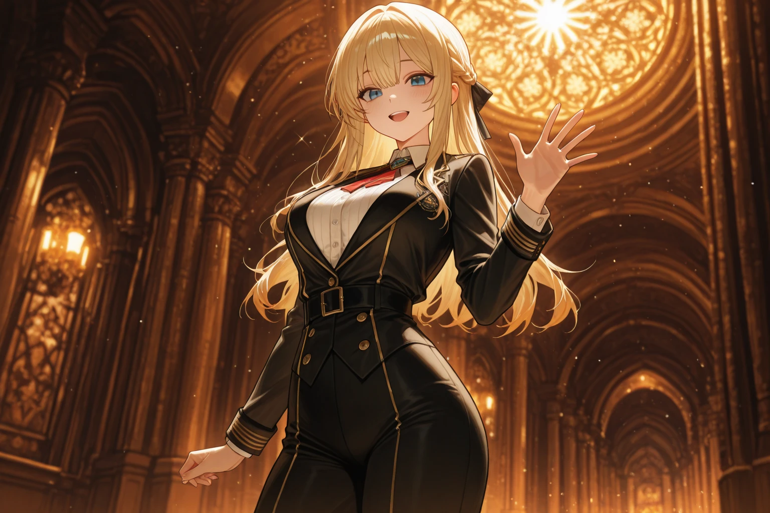female, blonde long hair, blue eyes, (((1girl))), (((black naval uniform))), (military admiral cap), (black belt), (black skirt), (black thigh high boots), cute and sexy, full body, large breasts, long legs, smiling