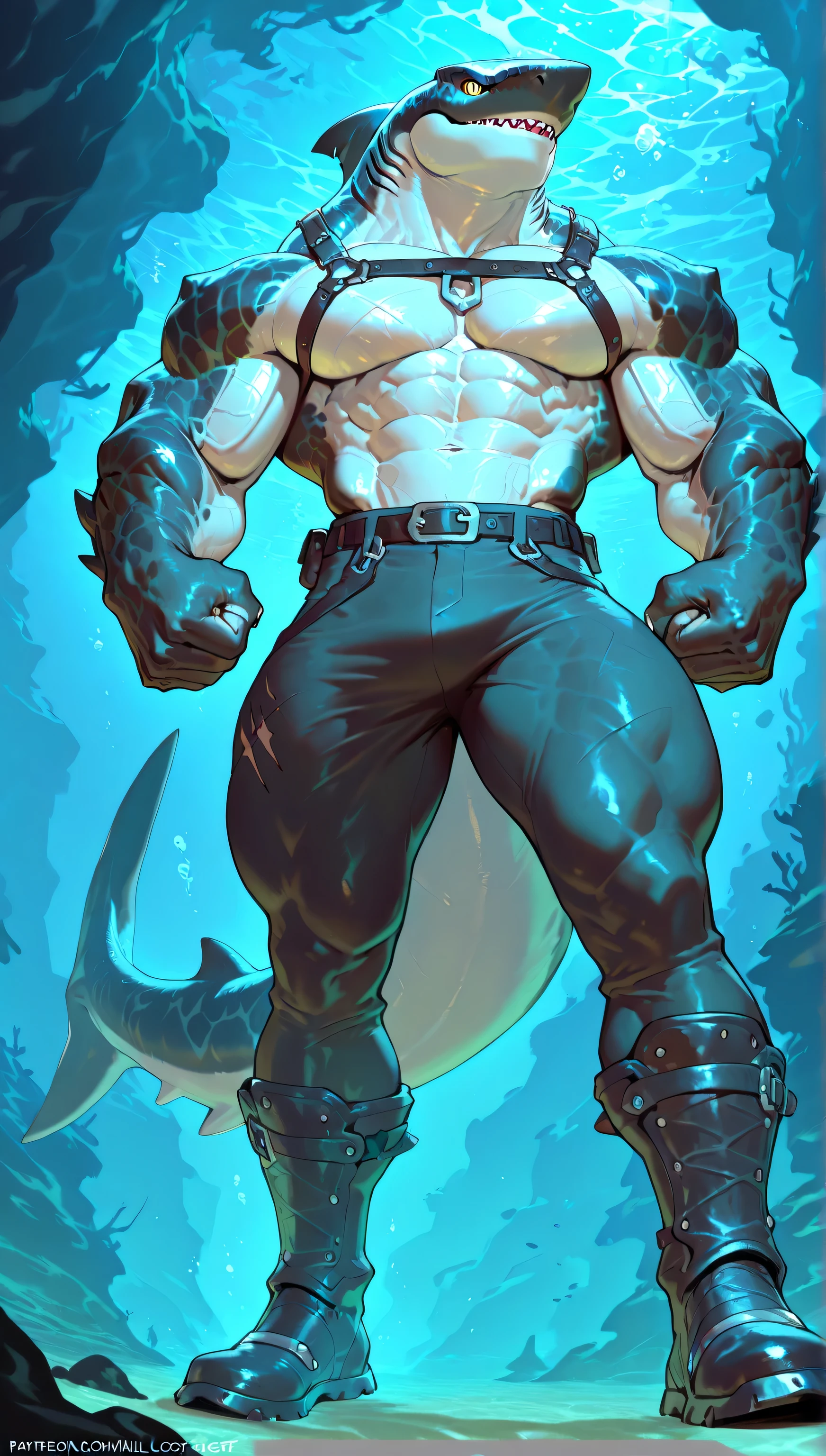 ((viewed from below)), (((by ShockJaws))), Muscular monster shark, super massive muscle, freakish biceps, aggressive, leather harness, ((thick defined thighs)), ((thick defined calves)), defined abs, solo, body made of steel, strong, wicked boots, black, colourful elements, metallic scales, scars on body, 1male solo,feral, very muscular, vascular, small waist, thick tail, thick scales on the shoulders, marked detailed jaws, open jaws, big pecs, pants on hips, v-line, full body, comicbook style, best quality, 4k, ultra-detailed, by laobai, by taran fiddler, by honovy, by null-ghost, by thebigslick, underwater scenery, very colorful, night, darkness