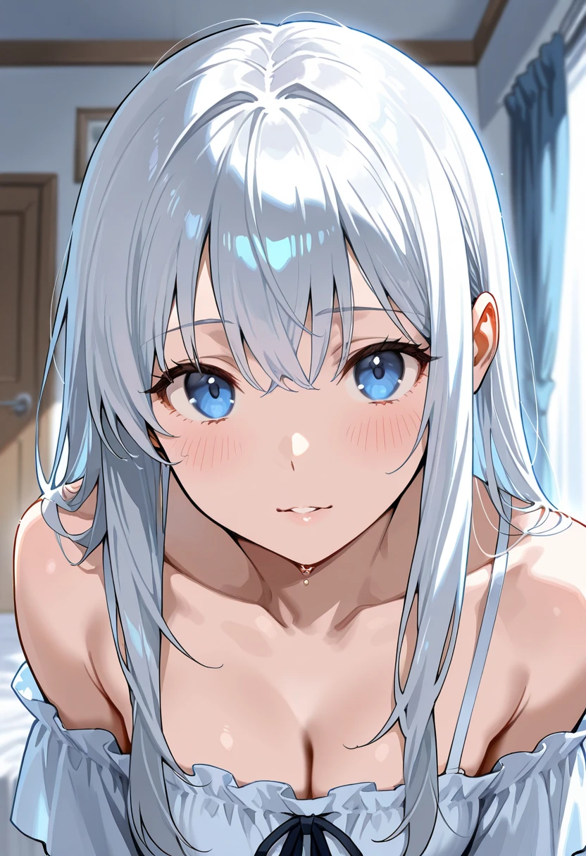 NSFW, white hair, blue eyes, medium straight hair, medium breasts, solo, half-naked, selfie, seductive, KyoAni