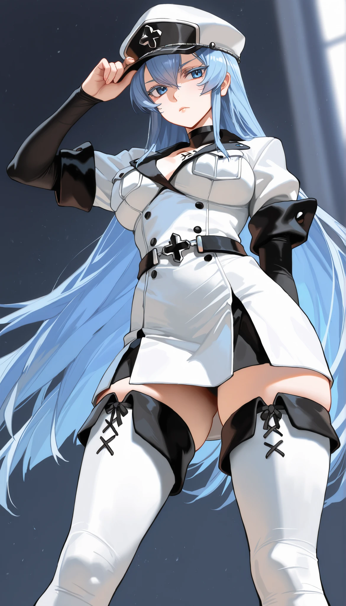 ultra-detailed, Explicit, Beautiful body, Beautiful Nose, Beautiful character design, perfect eyes, perfect face, ultra highres, 4K, beautiful legs, perfect legs, Nice hands, Perfect hand, Masterpiece, Best Quality, Highly detailed, illustration, absurdres, street fighter, doll suit, shadaloo doll, dollsuit, expressionless, blank eyes, looking at viewer, red gloves, emotionless, black latex, corrution, mind control, female combatant, full body, hypnotized, unhappy trance, full body suit, ribbed bodysuit, both arms at side, obey, perfect female body, extremely glossy latex, hypnosis, hypnoLora, empty eyes, Mind control device, poses, submissive_pose, Slave, hat, necktie, stand up straight, standing, standing at attention, hat, necktie, belt, latex, ribbed bodysuit, thighhighs, garter belt, Fighting Stance, extending the right arm from the shoulder into the air with a straightened hand, nazi saluting, military, military saluting, salute, thigh boots, 1girl, Artemasia/Ultimatia, Ragna Crimson, white hair, silver eyes, medium eyes, wing, feather, crown