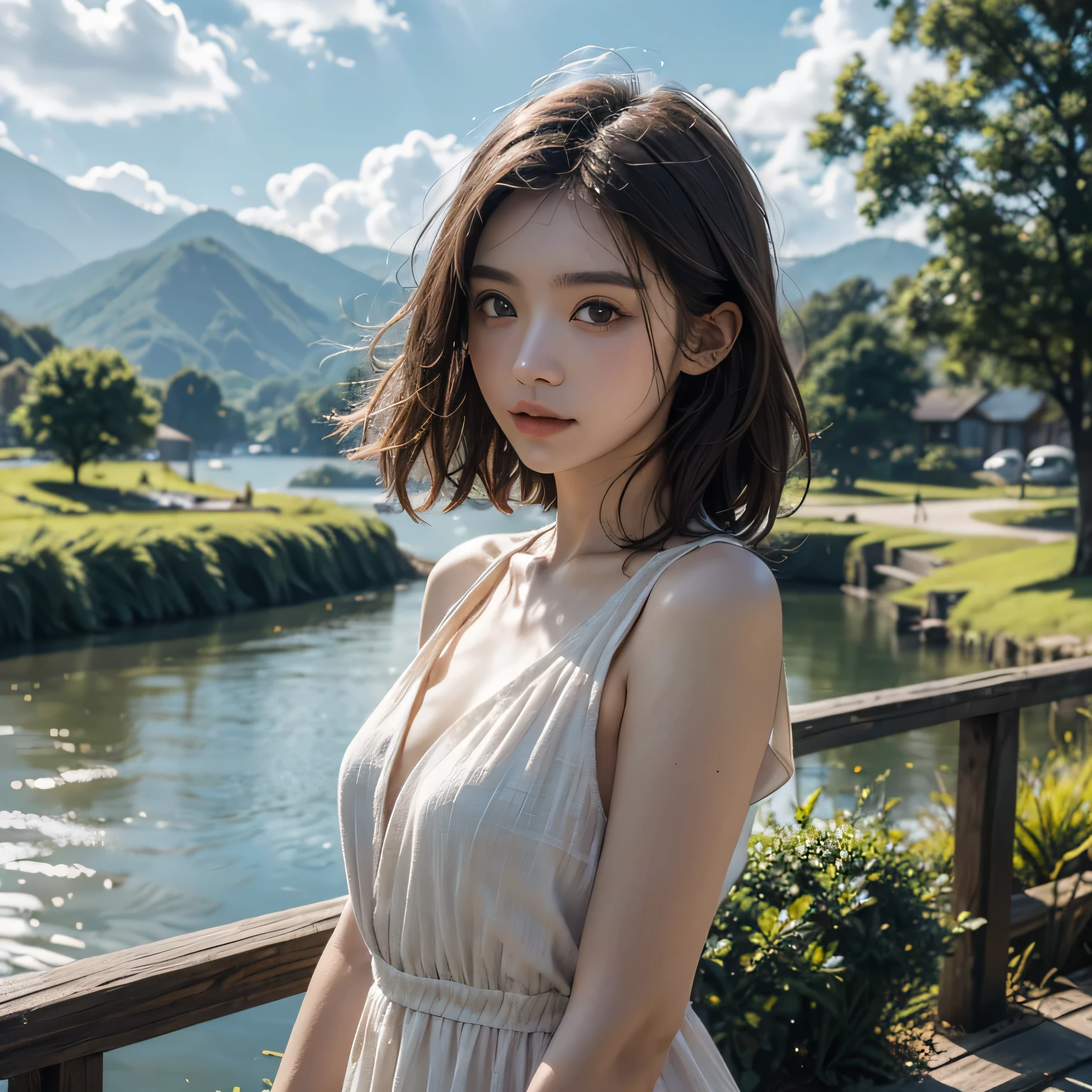(Best Quality,4K,8K,hight resolution,masutepiece:1.2),Ultra-detailed,(Realistic,Photorealistic,Photorealsitic:1.37),(warm color),(Pale tones),black-haired girl standing at an intersection,her eyes are shining beautifully、Matched with soft pink lips,hand holding a leaf, Wearing a long sheer dress with a leaf print,(Medium_breasts:1.4), The tree々surrounded by lakes,Fallen leaves are scattered everywhere, her hair was parted in the middle,Looking up at the autumn leaves in the distance, alone in nature,Outdoor scenery,feel awe,stone statue, Ruins,A quiet waterfall flowing into crystal clear water