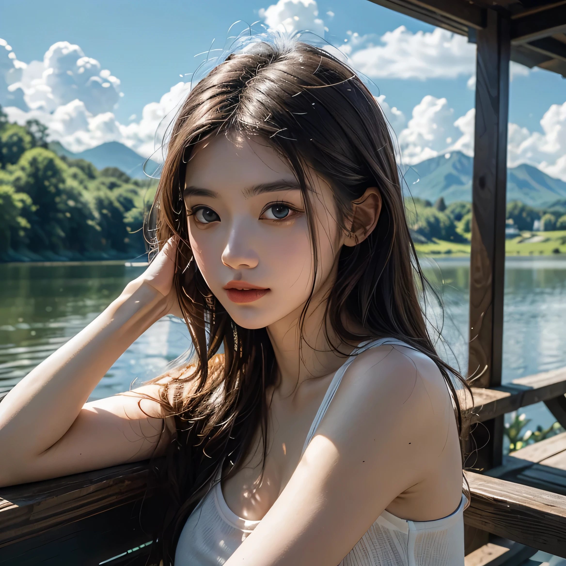 (1 girl, realistic, upper body, detailed face, beautiful dress), (best quality, masterpiece, high quality, 1girl, solo, (upper body, beautiful dress), illustration, beautiful detailed girl, beautiful detailed glow, beautiful detailed eyes, highres, detailed, high resolution illustraion, ultra-detailed, detailed background, beautiful detailed face), ((background: Capture a picturesque landscape with lush green hills, a clear blue sky, and a tranquil lake reflecting the surroundings. Include intricate details such as blooming flowers, tall trees, and birds in flight to evoke a sense of peace and natural beauty.))