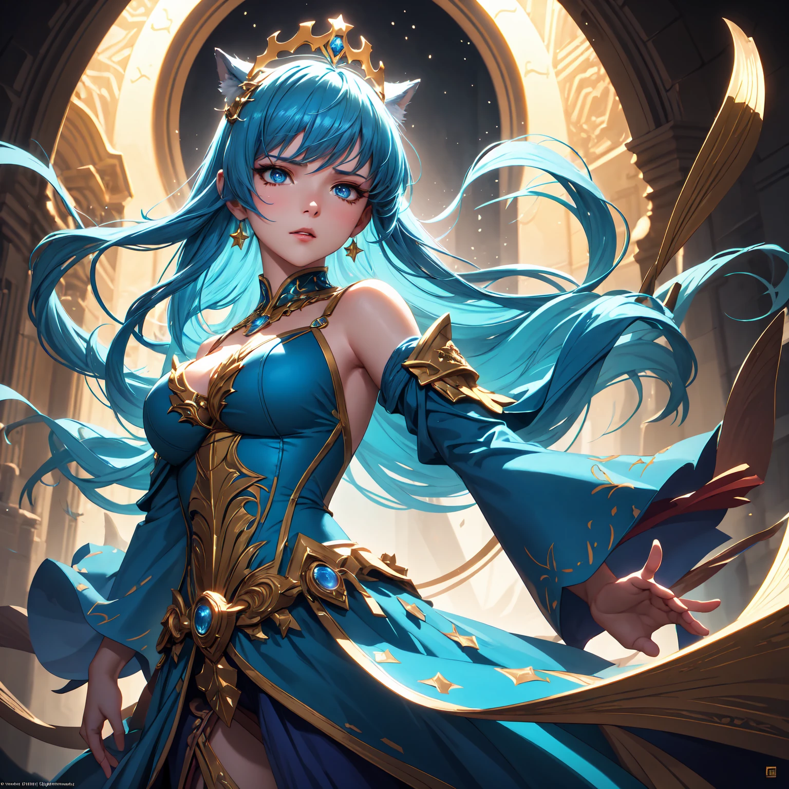 (8k, Foto RAW, melhor qualidade, senhor:1.2), (realistic, photo-realistic:1.37) uma imagem dos desenhos animados de uma mulher com cabelo longo e um vestido azul, feiticeira, Obra-prima Deusa da Tristeza, Nos, sacerdotisa, godess do mal, high sacerdotisa, jellyfish sacerdotisa, mystical atlantean valkyrie, portrait knights of zodiac girl, knights of zodiac girl, feiticeira, Vincent di Fate Nausicaa