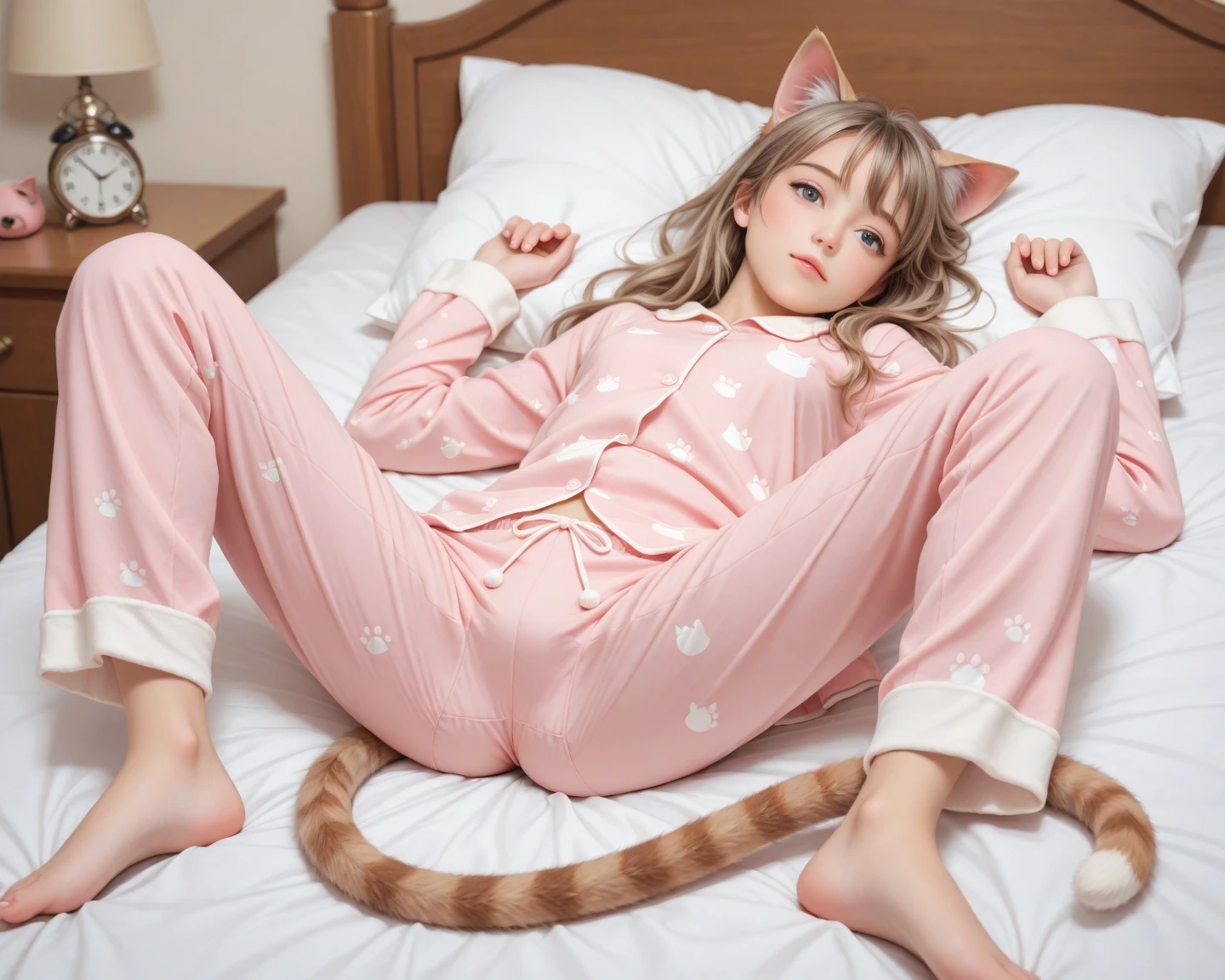 A girl with ears and a long cat tail, lies on the bed with her legs spread. Dressed in cute pajamas, there is a cat nearby
