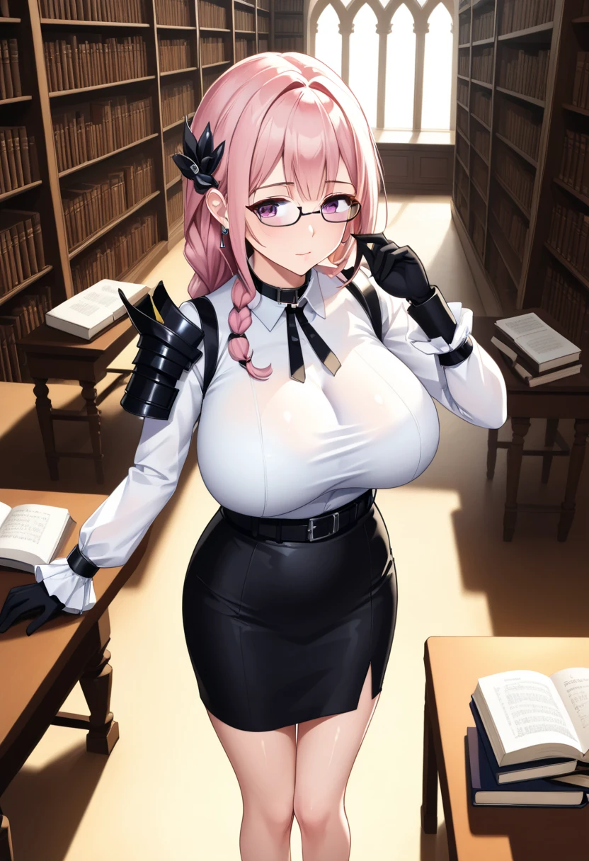 1 Cute naughty receptionist, (dark elf:1.3, dark skin:1.3), Pastel colors hair, (large breasts:1.2, Thighs:1.2, thick legs:1.2, curvy:1.2), (pink hair, short hair, flipped hair:1.2, tired hair, hair intakes), red eyes, (naked:1.2), standard height, (slant eyes, blush:1.2, evil smiling), at the adventurer's guild, A bulletin board with posted paper