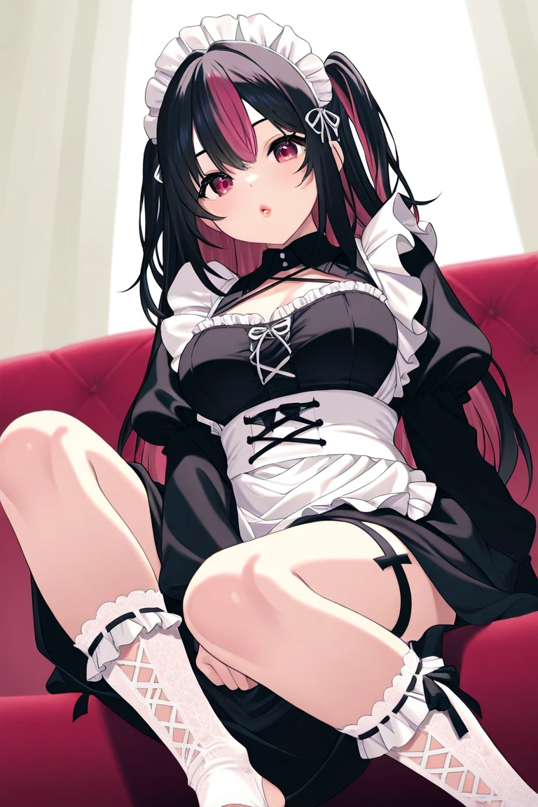 1 young woman,(Highest quality,Extremely detailed depiction,Incredibly absurd high resolution,Anatomically accurate depiction,Perfect body,Two curvaceous legs),(Glowing Skin,Shiny skin,Oilskin),(Black and white latex maid outfit,Maid Skirt,corset,black tights,High heels),eyelash,(Black Eyes,Crazy Eyes,Squint your eyes,Sleepy look,There is cleavage in the chest,Black lipstick,Heavy makeup,Open your mouth a little,sitting on the sofa with one's knees up),Sweat,(whole body),(background:Night room),Purple light,From below:1.3
