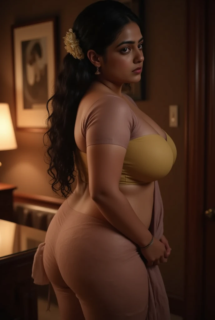 POV from behind face is not visible,Attractive dressing Beautiful long hairs perfect facial features of Women giving body pose in bed looks like gorgeous wife giving a doggy pose wearing wet pink saree with blouse, ((with big body curves, attractive saree clothing,bouncy breasts:2.4 thin waist,big wide hips , but gigantic thighs)) wearing silk pink saree blouse Added dupatta blouse