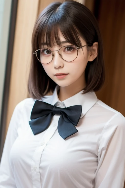(Highest quality,masterpiece:1.3,Ultra-high resolution),(Very detailed,Caustics,8k),(Realistic:1.4,RAW shooting),A girl dressed as a butler,Japanese,boyish,smile,20-year-old,Short black hair,Glasses,Looking into the camera,Inside the Western-style building,Waist up shot,front,Face Focus,Face close-up,(Warm Light),Professional Writing