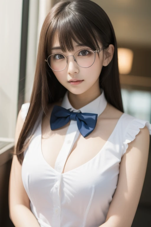 (8K、Raw photography、top-quality、masterpiece:1.2),Show、Black pantyhose,absurderes,Chest is open,Parting the bangs from the middle、Forehead visible,(Tight eyes,Bullish,skinny,Rasping,irate)、masterpiece,top-quality、超A high resolution,Raw photo,ren,Beautiful fece,One Person, 独奏,eye glass,,Dark look,fullllbody,Round glasses、cute little、A Japanese Lady,is standing,(Tight eyes,Bullish,skinny、(Photorealsitic:1.37)、Photon mapping,Light blue ribbon,Realistic、Cute little face,Brown-eyed、Black socks、(Red bow tie)、Radio City、Physically Based Rendering、Foreground、depth of fields、Blurry background、a picture,The girls、Body, Long legs, Thin leg,poneyTail,(Bangs are visible), hair, s lips, Blue_The eye, nosesoft,White lingerie, Navy blue and white plaid pleated skirt, Knees are visible,Sheer clothing,, Thigh, Black cotton socks,Nogizaka Idol, 女優, Japanese ido、large boob、Expose your breasts