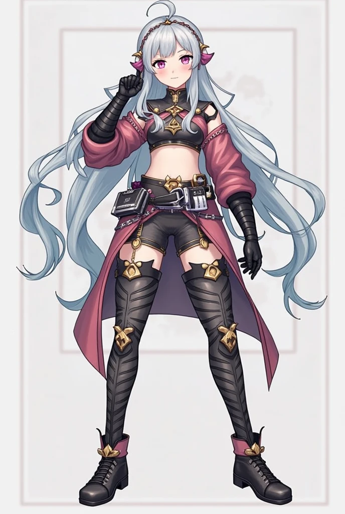 Devil's double horns, blue eyes, elf ears, long black hair, two twisted braids, red fur coat, mechanical, handsome girl