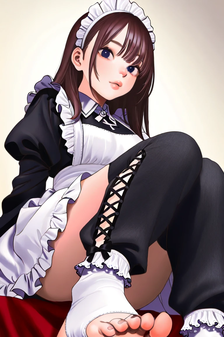 Masterpiece, Best Quality, extremly detailed, Cinematic lighting, intricate detials, hight resolution, official arts, finely detailed beautiful face and eyes, high-resolution illustration, 8K, dark intense shadows, 1girl, medium breast, long brown hair, copper hair tips, brown eyes, glasses, (swept bangs), maid uniform, dark blue dress, black shirt, puffy sleeves, long sleeves, (white waist apron), white gloves, maid headdress, lace-up white panties, broken look, broken, blushing, tears, cum, blood, cum and blood flowing out of pussy, bare breasts, pubic hair, show pussy, lying on the floor