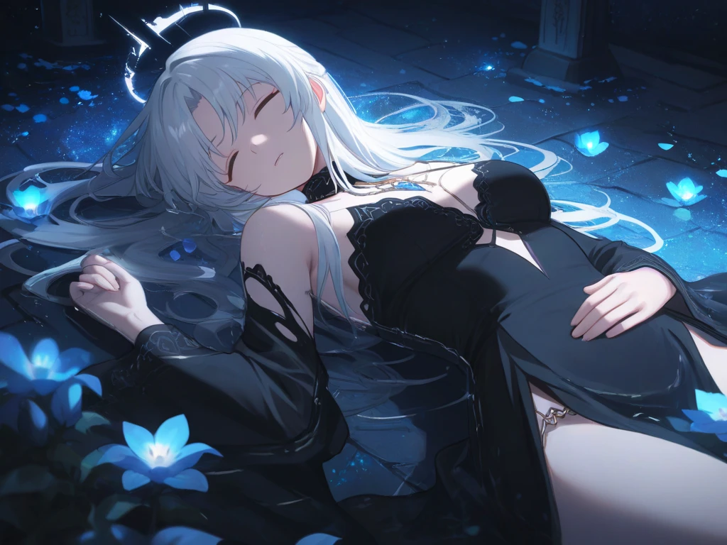 adult、Sweaty、Asuna、STAR、Silver Hair、Red Eye、Elves、Semi-transparent black lace wedding dress、Troubled face、High angle、The focus is on the cleavage、Free Pose、Moonlit Night、Withdrawal symptoms