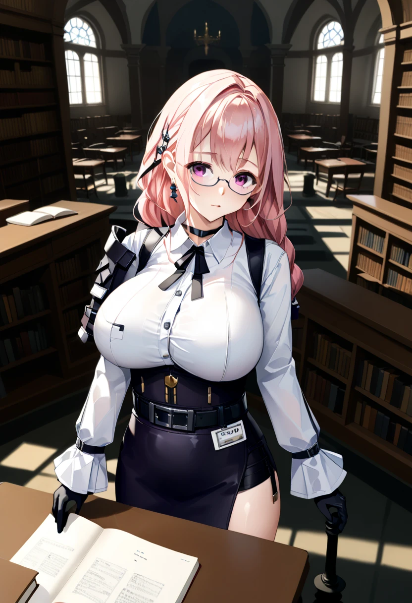 ((The best piece)),((masterpiece)), (ultra-detailliert), (illustratio), (detaileds), (extemely cute and beautiful), girl with, cute face, The upper part of the body, single, a miniskirt, (beautifully detailed eyes), Red Eyes, a blond,military outfits,frilld,Lori, big boobs,Clothes in black tones,Black miniskirt,garterbelts,Wearing glasses,Inside the bookstore,Surrounded by bookshelves,atlibrary,crow feathers,