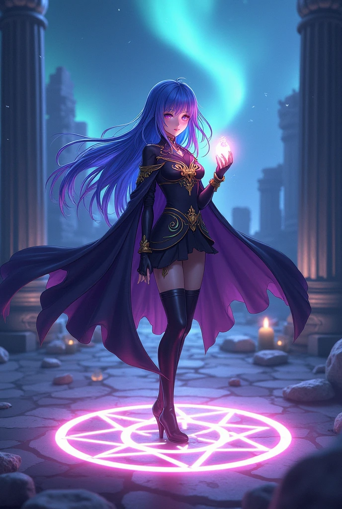 (best quality,highres:1.2),(realistic:1.37),(HDR,UHD),(vivid colors),(physically-based rendering),(extreme detail description) Dark Magician Girl,powerful enchanting eyes,sorceress dressed in a flowing dark blue robe,long flowing purple hair,holding a magical staff,beautiful detailed eyes and face,flowing dark cape decorated with golden stars,mysterious magical aura surrounding her Magic Circle,luminous intricate magical symbols,glowing bright blue and purple hues,circles within circles,pulsating with energy,hovering above the ground,crackling with arcane power Indigo background,dark yet vibrant,contrasting against the bright magic circle,adding depth and intensity,shadows dancing across the scene Soft, warm studio lighting,accentuating the details,casting gentle highlights and shadows,playing with the magical elements The girl stands tall and confident,aura emanating from her,she gazes into the distance with determination,a hint of mischief in her eyes Her surroundings hint at a mystical forest,with ancient trees reaching towards the starry sky,faint moonlight piercing through the canopy,illuminating the magical scene Her magical staff emanates energy,glowing with intense hues of blue and purple,a focal point in the artwork The dark magician girl harnesses the power of sorcery and mystery,her presence captivating and ethereal,a symbol of strength and enchantment In the artwork, the profound connection between the dark magician girl and the magic circle is emphasized,conveying the synergy and harmony between the two elements
