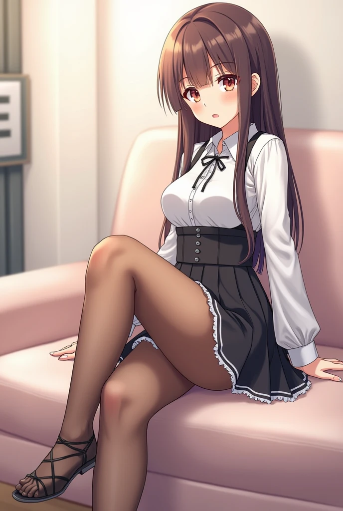 masterpiece, best quality, high resolution, high-resolution, (chi1, 1girl, long hair, braid, one side up), angle from below, skirt, shirt, white y-shirt, unbuttoned shirt, unbuttoned, pleated skirt, socks, black skirt, long sleeve, school uniform, black socks, dress shirt, troubled look,blush, wind-in-the-wind skirt, lift up skirt, crotch line, hip line, (white lace panties, panty shot), beautiful leg line, three-dimensional feeling of body parts, protruding underwear, realistic skin texture, focused feet, kneeling, knee spread, bright room, finger shift panty position, lighting from below, bitten panties, spread legs,m legs,