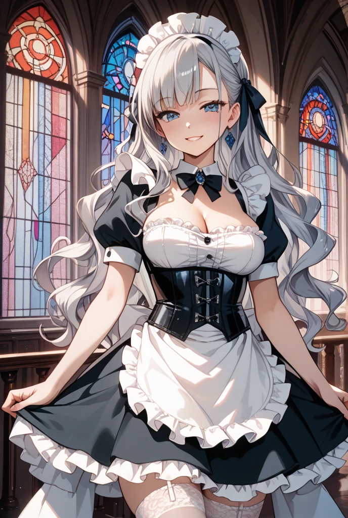 Masterpiece quality,The best quality assurance。A brown hair、Cute girl with golden eyes。Tsundere,Wear a short skirt,Exudes magic,With a rose headdress,Long hair flutters in the wind,Naughty,adolable,devil horns,In the daytime,divino,white church,Holy Church,Holding a bouquet of flowers,Wearing a snow-white wedding dress,light yarn