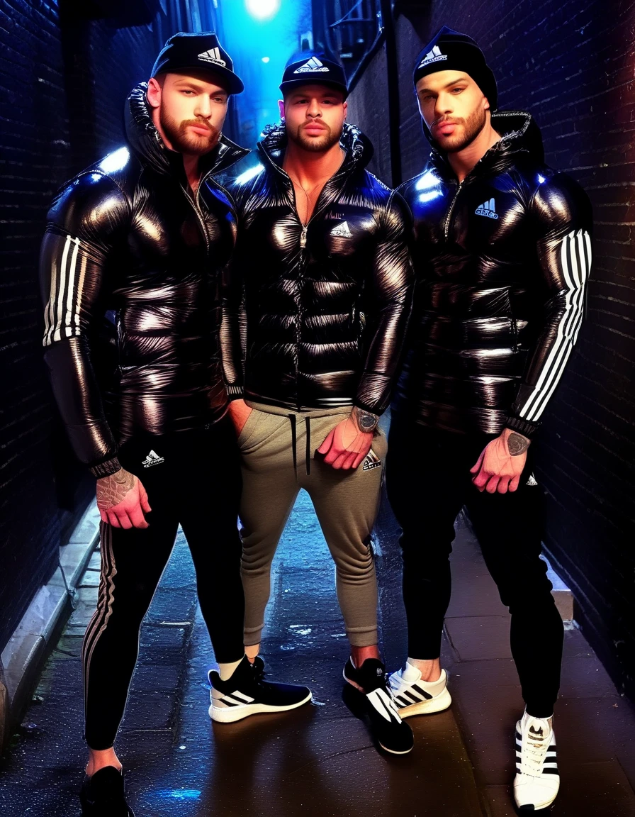 full view full body, two white guys with light-brown undercut clean shaved haircut, golden rings, wearing full length shiny skintight rubber grass with a black North Face puffer jacket blistered with air and white Nike Air Force one, waiting standing beside bmw car