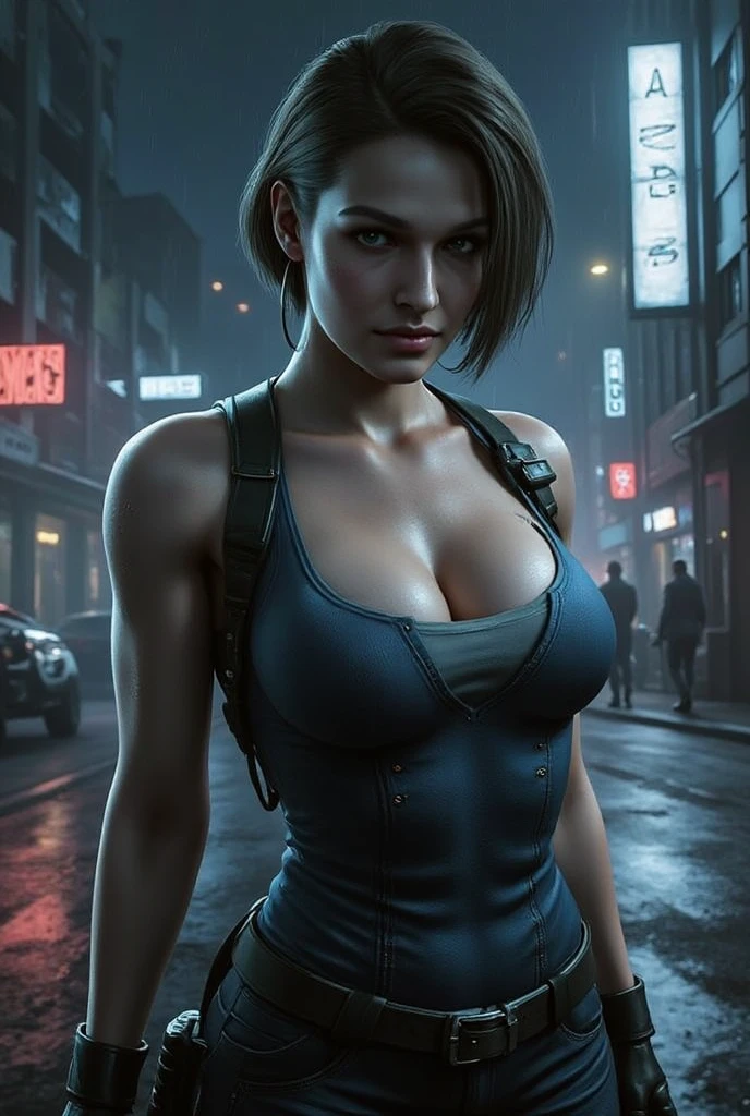 jill valentine, beautiful woman, sexy woman, perfect breast, ((half body)), (looking at viewer:1.1), night street, by Conor Harrington