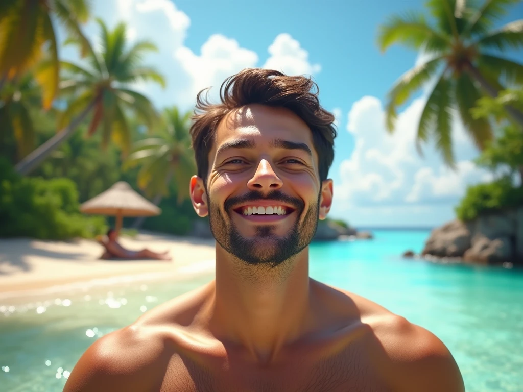 Young Latino man on the beach looking at the camera with a beard and sunglasses and broken hair 
