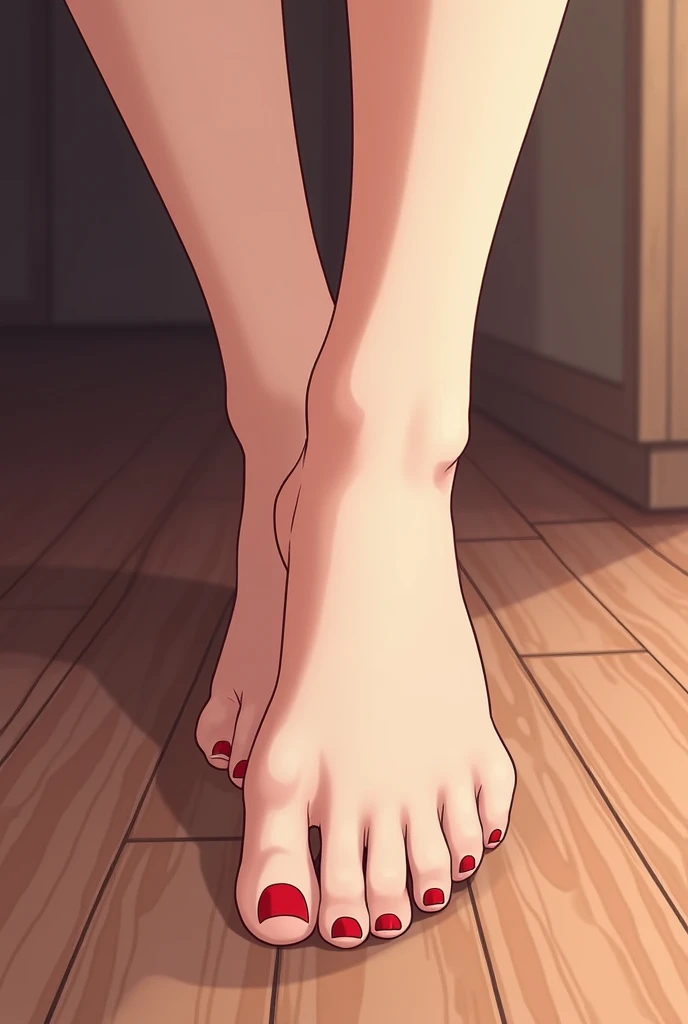 Smile, barefoot, footstomp, soles, toes, foreshortening, view from below, indoors,, (((pixel-perfect, detail-perfect))), solo, 1girl, claudia_synduality_noir