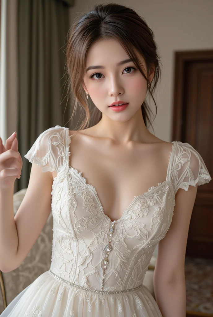 1人の女性,独奏,realistically,非常高的quality,ultra - detailed,(humongous large breast),best illuminate,quality:8K,Soft skin tone,Di Li Gerba,sexy for ,sheer white dress,Luxurious hall,High-end furniture,The stands up。