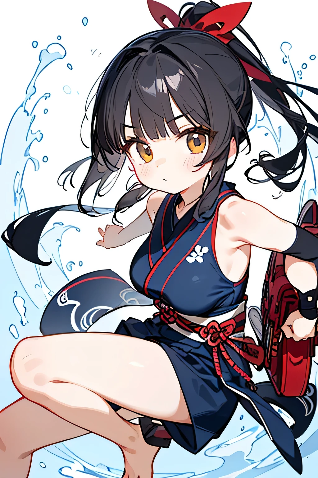 NINJA WIND,Beautiful girl,((short ponytail)),mystical vibe, natural body,Hand guard,Haori,(sleeveless x kimono style+long hem x shorts=navy blue ninja costume)Niso x foot bag,Detailed Clothes,(Slender Body,marshmallow breasts ,),BEAUTIFUL BLACK HAIR,Beautiful face,Clear Skin,Fair skin,Japanese face,