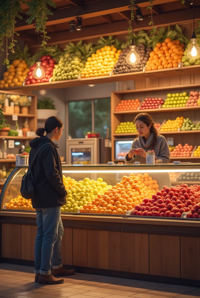 4 people talking in front of a fruit stand 