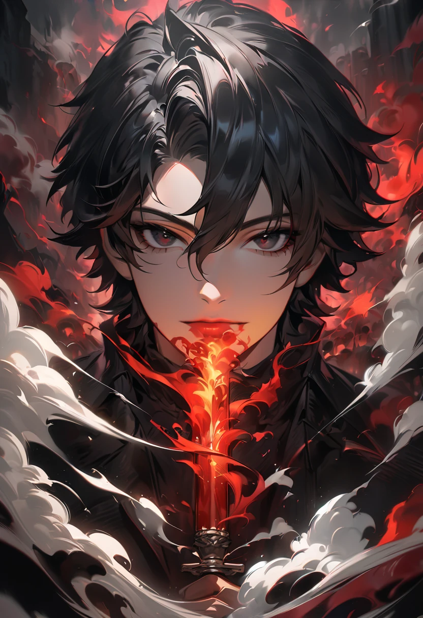 handsome, solo, 1 male, short hair, black hair, sharp eyes, red eyes, black clothes, lighting, fantasy, smile facial.