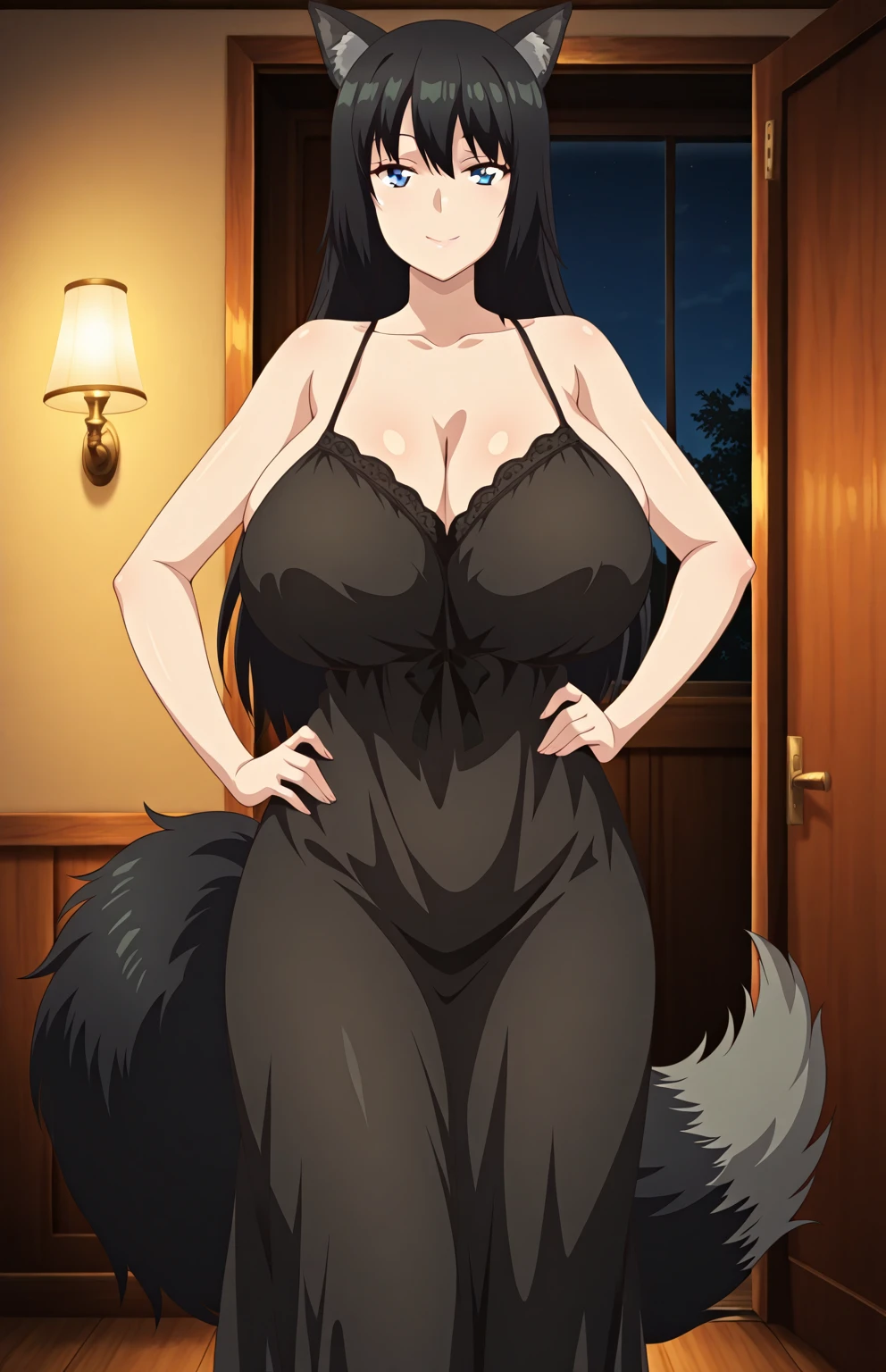 (((()))),anime screencap,(kemono,furry,wolf),(female),(solo),(black body fur:1.5),(detailed hands),(long hair,bangs),standing,detailed green eyes,seductive smirk,blush
,(thick thighs,wide hip)
,red chinese dress,cleavage
