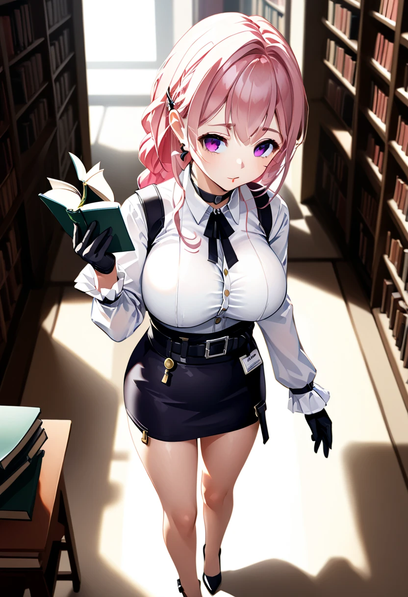 realistic image, coherent image, detailed image, 1 beautiful elf, She has reddish pink hair, loose hair with butterfly shaped accessories, blue eyes, her face is oval and delicate, Blushing, smiling, She is wearing a long sleeve shirt, pleated mini skirt, sneakers moccasins, She has a curvy body, large breasts, thick thighs, sexy pose, surrounded by books, black background
