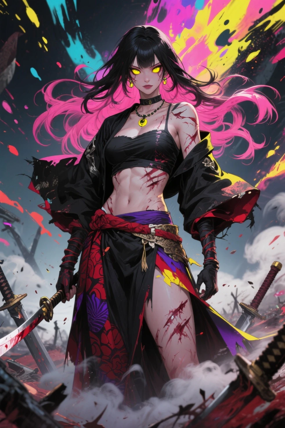 Realistic, High resolution, Soft Light,1 Female, alone, Hip Up, (Detailed face), we \(one piece\), tattoo, jewelry,kochou shinobu,Multicolored Hair,No bangs,Hair Intake,Purple eyes,amount,Black Shirt,Black trousers,Haori,butterfly,button,belt, knife, ((torn clothing:1.5)), ((Voluptuous body)), ((Expressions of pain)),