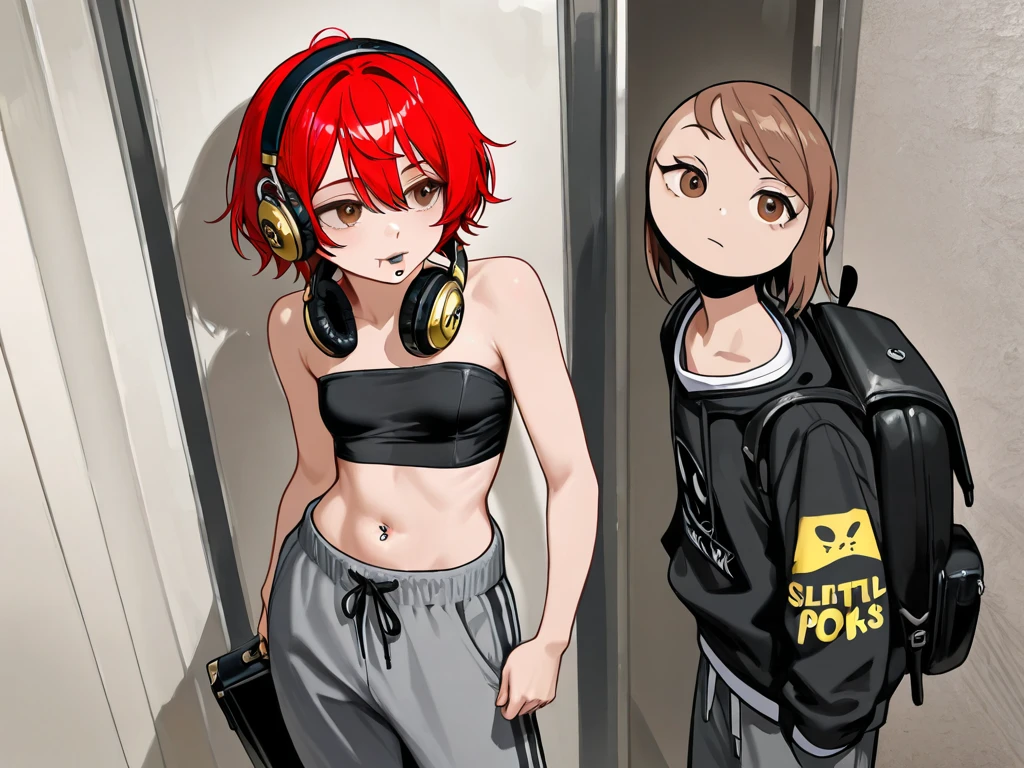 1girl, solo, breasts, looking at viewer, smile, short hair, simple background, thighhighs, white background, holding, sitting, underwear, panties, monochrome,horns, shorts, looking back, from behind, crop top, short shorts, wariza, phone, cellphone, denim, smartphone, thong, holding phone, denim shorts, selfie, curled horns,simple colored,((red hair)),black and white striped pantyhose, black horns ,Nature,kawaii