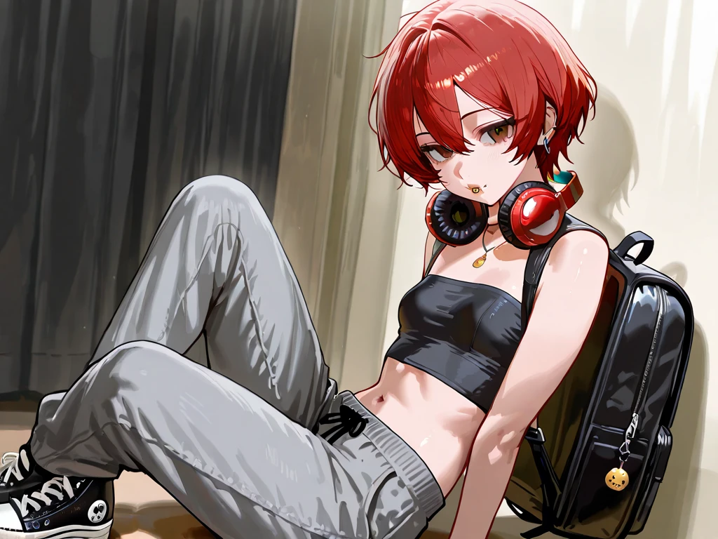 ((best quality)), ((masterpiece)), (detailed), perfect face, anime girl, vampire, hoodie, full body, listening music, headset, denim shorts, short hair, ultra sharp image, red hair, rubber shoes, vaping, sunglasses