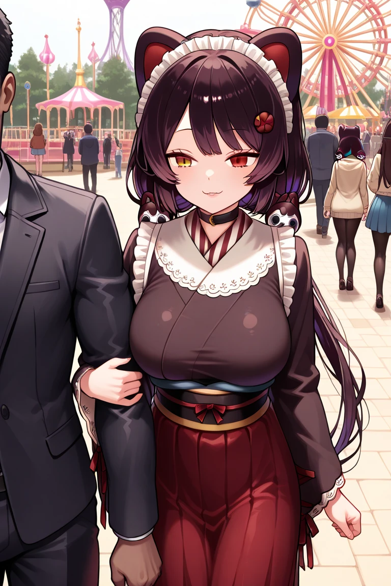 large breasts, (size difference, faceless male standing behind), 1girl, full body, hair ornament, bag, hair bobbles, smile, blush, grin, hairclip, hand on another's head,red eyes,