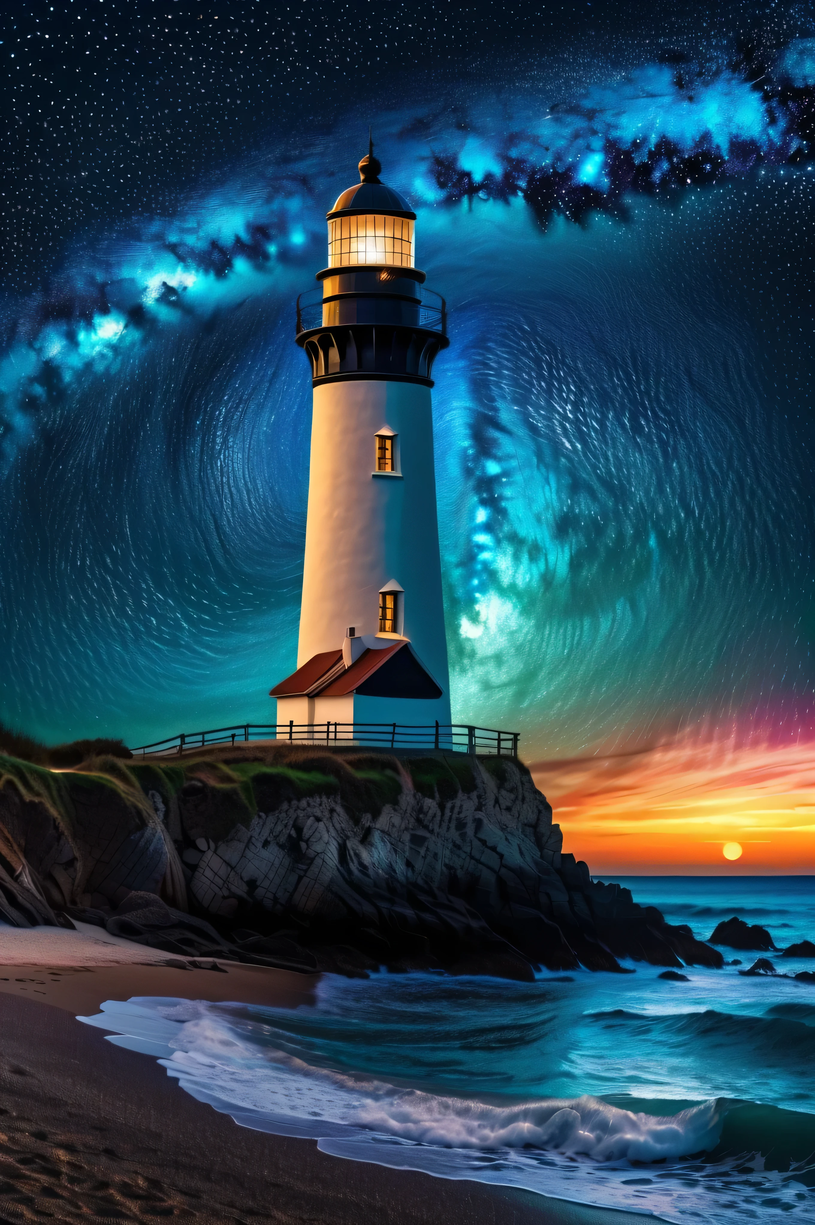 Magical starry cracked sky. zentangle art deco style Lighthouse, art deco style science fiction, magical art deco style future sea in background, vincent van gogh, about the curvature of space time, dark tones, (best quality,4k,8k,highres,masterpiece:1.2),ultra-detailed,(realistic,photorealistic,photo-realistic:1.37), aerial view, from above,