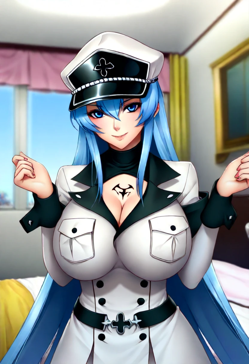 (big breasts:1.5),looking at the viewer,Are standing,((masterpiece)),((highest quality)),perfect anatomy,8K UHD,highly detailed face,luster and luster,((1 girl)),((alone)),(beautiful and fine eyes:1.5),perfect image,(Upper body:1.1),(look ahead:1.1),turn your arms behind your back,slim waist,shiny hair,(Super detailed),(long hair:0.8),light blue hair, blue eyes,formal wear, blouse, peak cap, thigh boots, Black belt ,black dress, black tie,goddess,gala party,indoor hall,