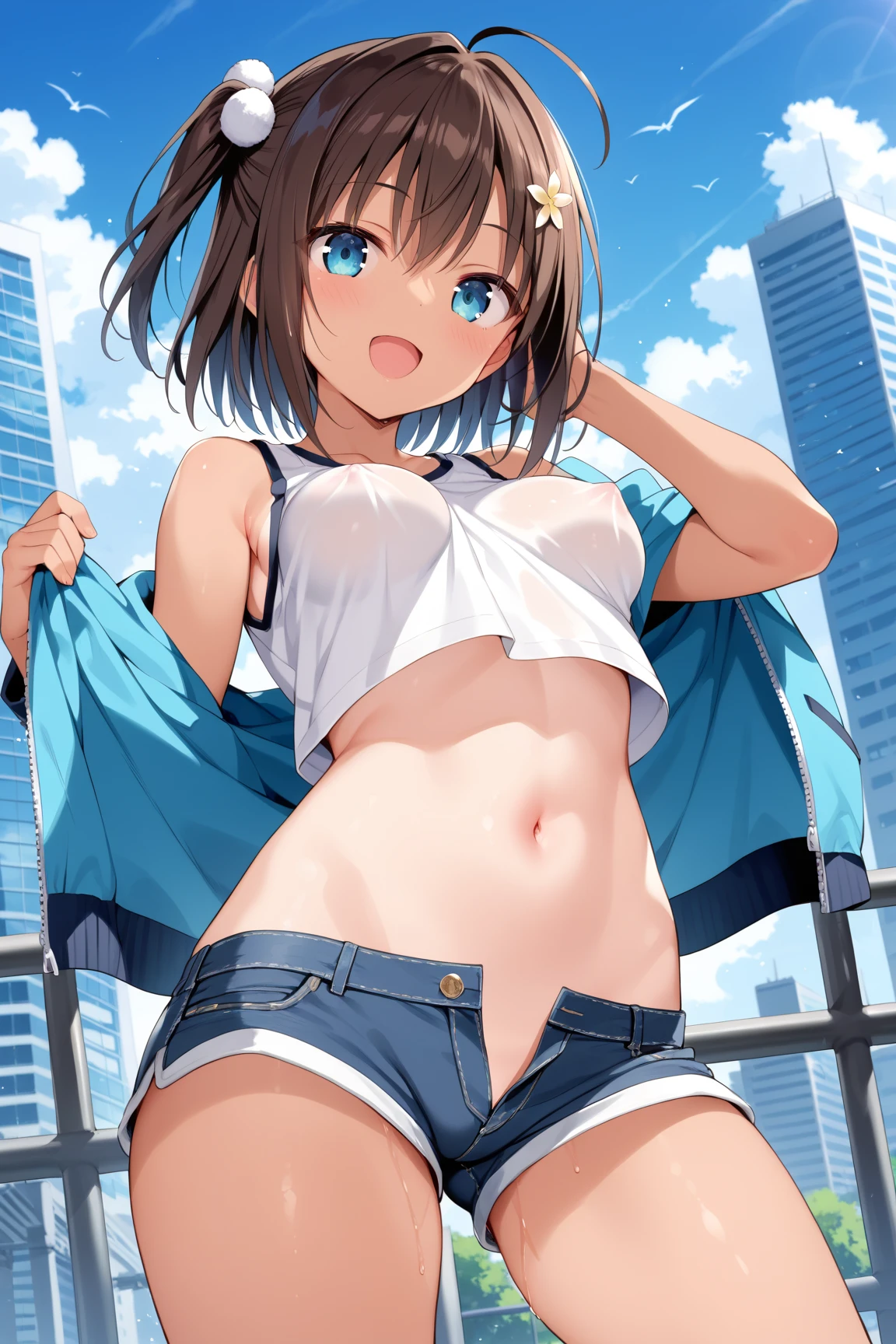 1girl, short black hair, blue eyes, wearing plain white bikini, denim shorts, city, absurdres, high res, ultrasharp, 8K, masterpiece, looking at viewer