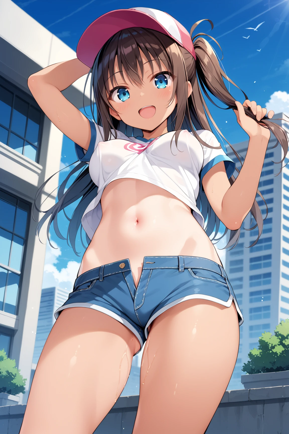 1girl,solo,yuuki mikan,, ,brown hair,, ,1girl,,,medium breasts,,open mouth,,tongue,smile,(spoken heart),outdoor,,looking viewer,sports bra,panties,walking,cowboy shot