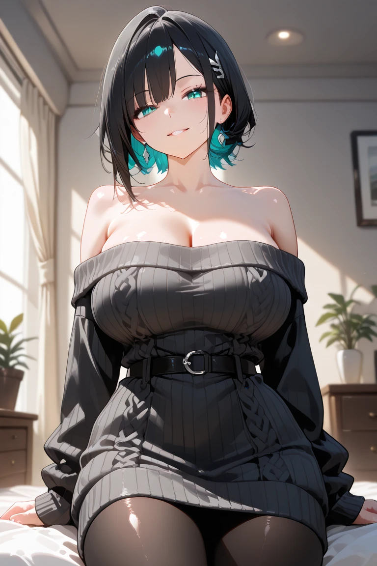 candlelight, volumetric lighting, night, 1girl, solo, 53 years old, milf, teal and green hair, messy hair, asymmetrical hair, ahoge, very short hair, aqua eyes, medium breasts, pale skin, glasses, couch, sitting, off-shoulder sweater, hot chocolate, winter, mood lighting