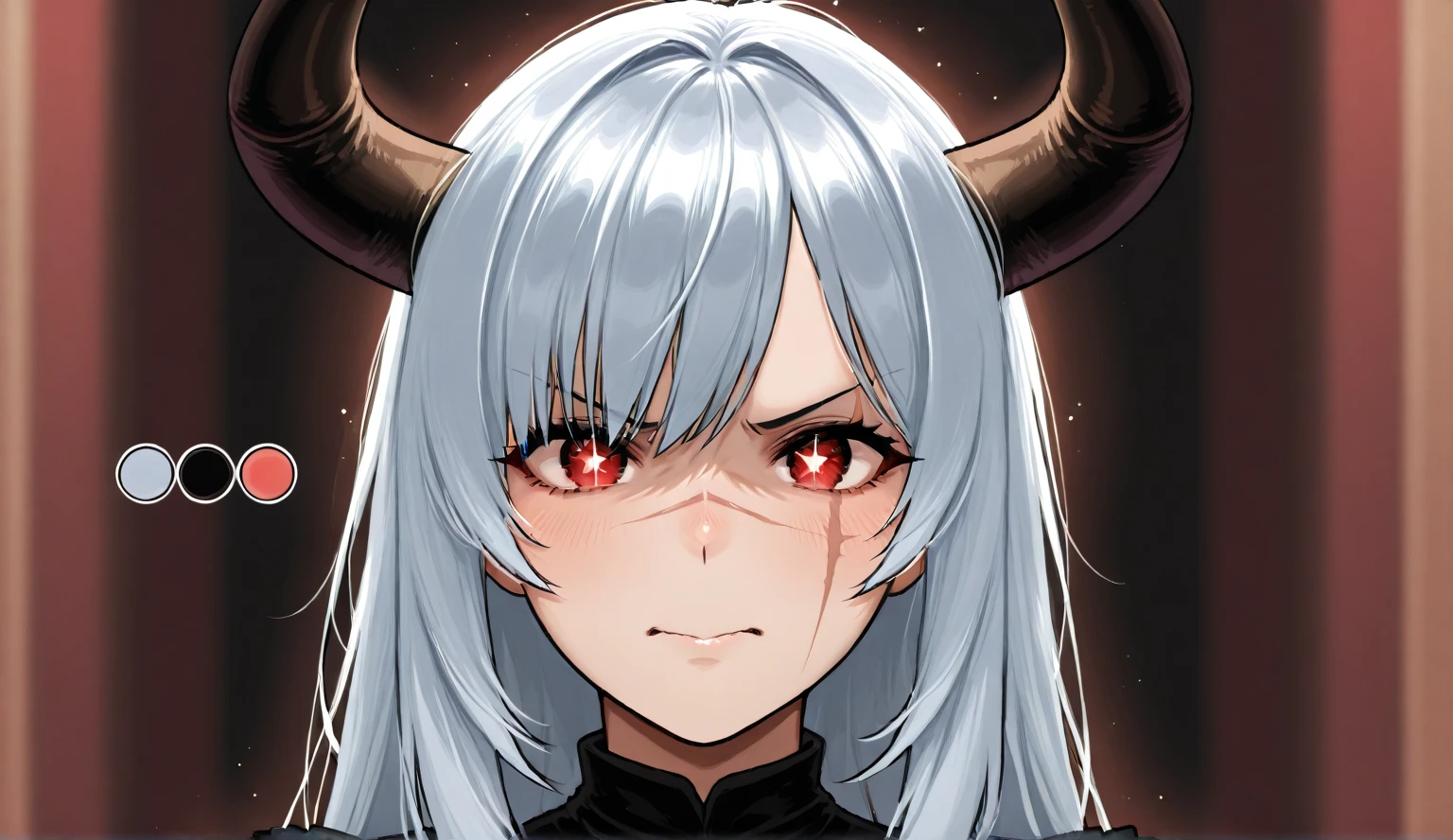 (((bright white hair))), ((very long wild hair)), (((black sclera)), (((golden pupils))), ((in the Artstyle of Masashi Kishimoto the creator of the manga series Naruto)), ((mature female)), ((dark crimson skin)), ((muscles)), (((female oni woman)), ((red skin)), ((revealing kunoichi clothing)), ((large black stripe-like markings on side of face)), ((muscular body, muscular arms)), (two red oni-horns on forehead)), ((yandere expression)), 1girl, beautifully drawn, high resolution illustration, best quality, High definition, ((detailed anime sketch)), Masterpiece, (solo), absurdres, portrait, detailed background, fine detail, female focus, HDR, upper body, close-up,