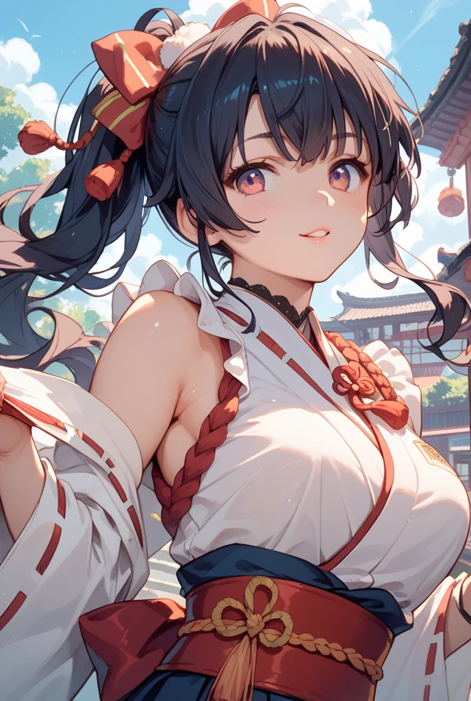 a beautiful young woman, 25 years old, wearing traditional Chinese clothing, standing in an old temple, her medium-length hair flowing, her eyes rendered in an anime style, happy, hands toghether, praying, her medium-sized breasts accentuated, captured from a low angle, (best quality, masterpiece, 4k, ultra-detailed), intricate details, vivid colors, dramatic lighting, cool angle, simple background, temple,
