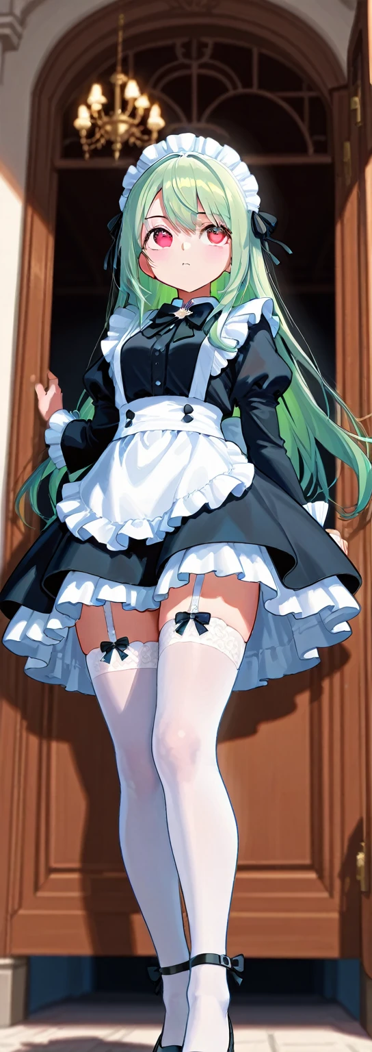 A woman is standing on the floor wearing a gothic lolita dress, alone, panties, underwear, skirt, (shiny emerald green satin panties:1.3)、panties that cover the butt、garter belt, Liar, Thighhighs, skirt lift, think back, realistic，cute anime girl，Ideal Style，open leg，focus on butt，crawl on all fours，Highest image quality，Turn around with a serious face，long silver twintails，Lace see-through fabric