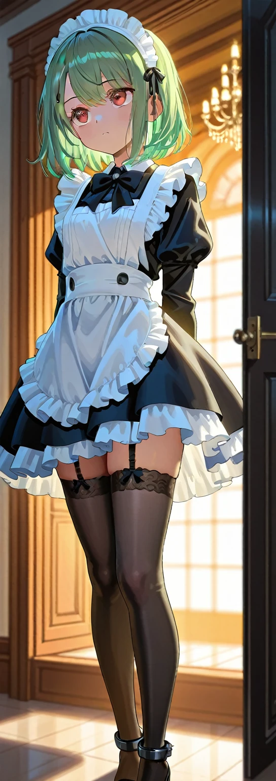 A woman is walking down the stairs wearing a black and white maid outfit, alone, panties, underwear, skirt, (shiny dark white satin panties:1.3)、黒縁panties that cover the butt、garter belt, embarrassed expression, Thighhighs, skirt lift, think back, realistic