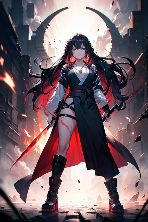 (a 15 year old teenager),(black hair),(scarlet eyes),(red aura),(gloomy background),(holds a long black-bladed sword),(blade full of macabre and red eyes)