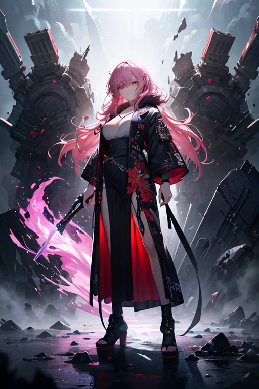 A painting of a woman with blood on her face and wearing a red coat, James Jean・アートwork, James Jeanとウロップ, James Jean、Yoji Shinkawa, James Jean・アート, by Tosa Mitsuoki, James Jean Mark, Amiable , Lin Wenjun, James Jean Andrey Ryabovitchev, James Jean, James Jean, inspired James JeanA 17-year-old Japanese girl with vibrant hair colors, long hair, daring hair styling, slender figure, plump cheeks. She embodies the punk rock aesthetic, dressed like a punk rocker with bold attire, large sunglasses, a defiant expression. She stands at 170 centimeters tall, weighs 30 kilograms, wears long boots, with her thighs visible under a red pleated skirt. Adorned with numerous silver accessories. Depict with distinct outlines, using colors other than black for the outlines, using colorful hues for the outlines. She's into girls' rock, punk, Electric guitar, vibrant colors, stages, and backed by a band. An underground clubhouse with colorful lighting amidst the darkness. Colorful candies resembling mountains of treats are plentiful, strewn all around. A tall, well-built man with blonde hair is present, adorned with tattoos, a nose piercing, and a split tongue.