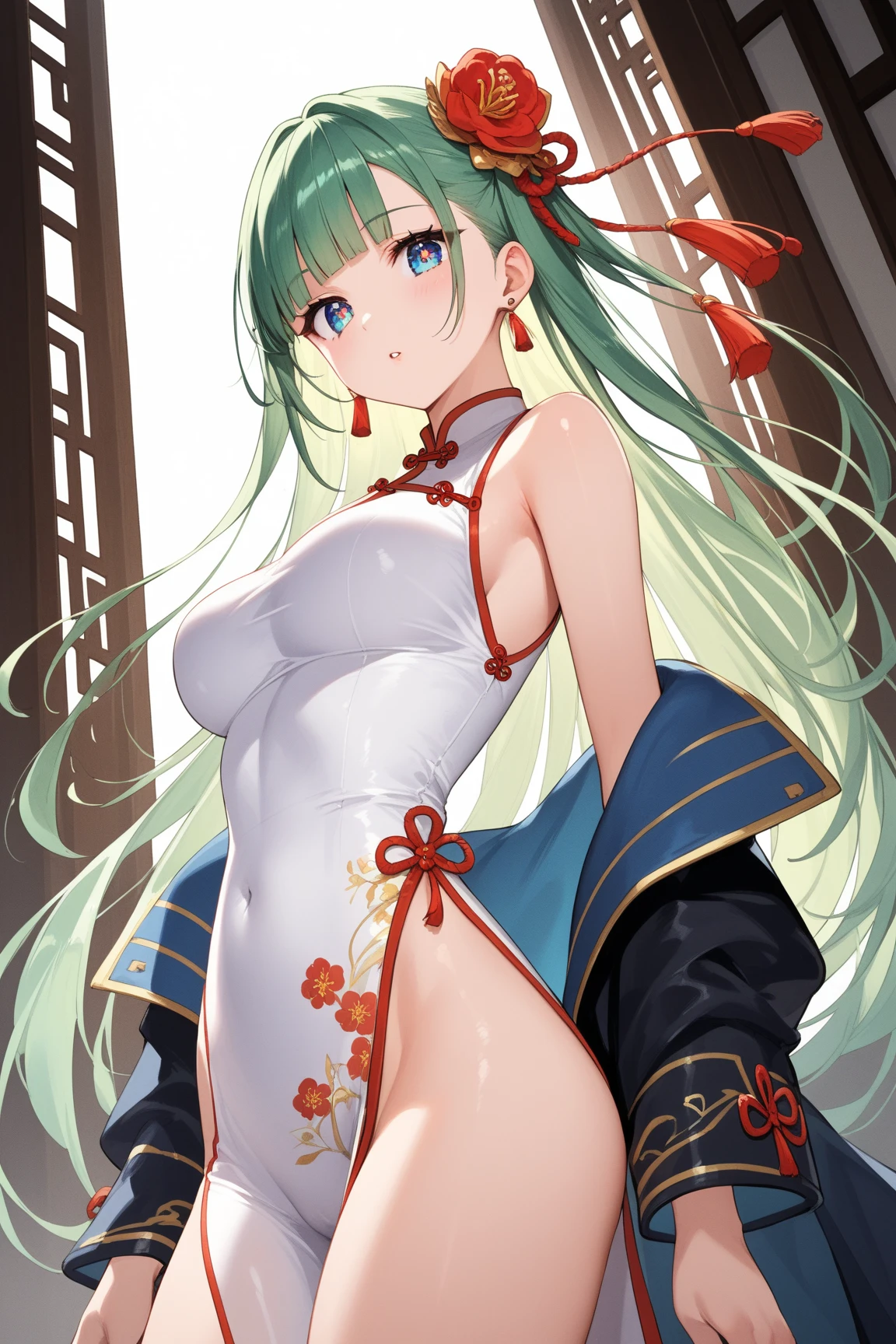 NSFW,Long Hair、Green Eyes、bangs、Pointed Ears、hair ornaments、White Hair、Symbol-shaped pupil、Multicolored Hair、Side Ponytail、Gradient Hair、Green Hair、Hair between the eyes、Cross-shaped pupil、smile、gem、葉っぱのhair ornaments、bracelet,Shrine maiden、kimono、Sleeveless,Hakama Short Skirt,(Sideboob:1.5),(Perfect hands),(Perfect Anatomy),(masterpiece),(highest quality),(Embarrassed:1.5),blush,Shy laugh,shrine,torii,Japanese style